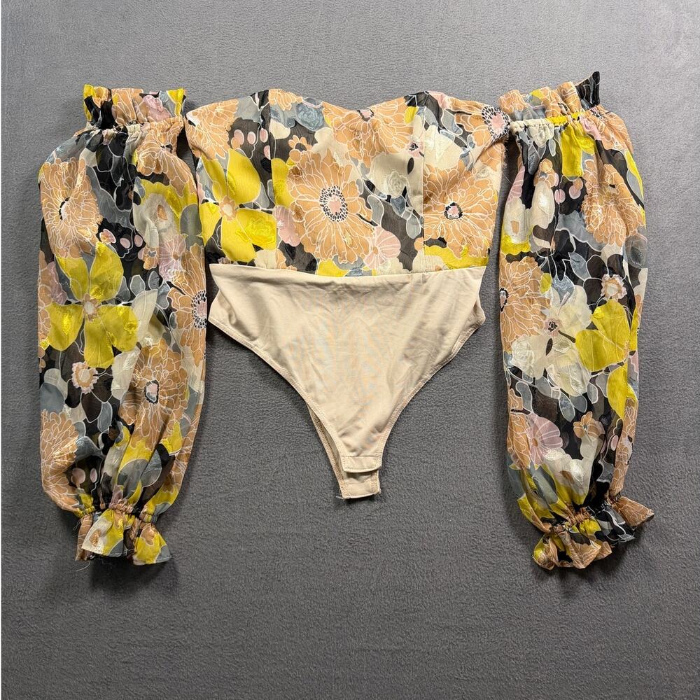 Seven Wonders Yellow Floral Sheer Puff Sleeve Off Shoulder Bodysuit Size 6 Small